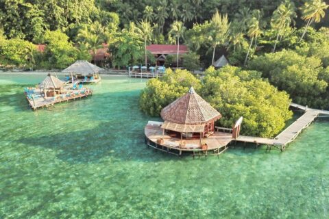 Letecký pohled na Raja Ampat Dive Lodge, jeho mola na kůlech a červené střechy pod palmami