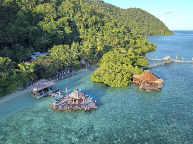 Mola Raja Ampat Dive Lodge pod kopcem pokrytým lesem