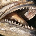 Detail otevřené tlamy mrtvého vysušeného hltouna modrého: v každé čelisti jediná řada trojúhelníkových, špičatých a pravidelných zubů.