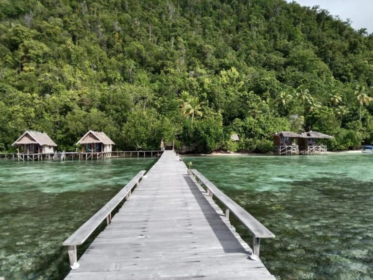Dlouhé molo s lavičkami, které vede ke břehu mezi bungalovy Terimakasih Homestay